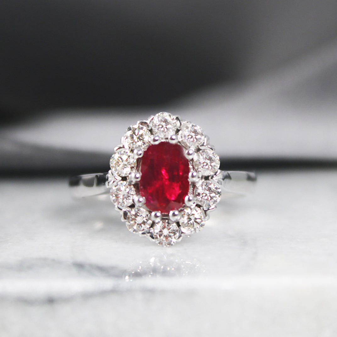 18ct White Gold Oval 1ct Ruby and Diamond Cluster Ring