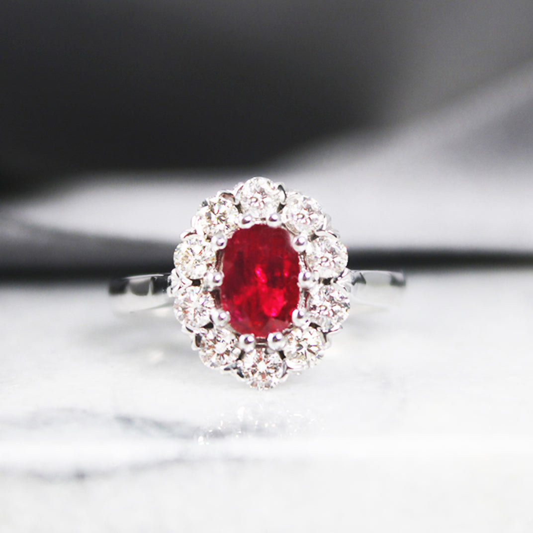 18ct White Gold Oval 1ct Ruby and Diamond Cluster Ring