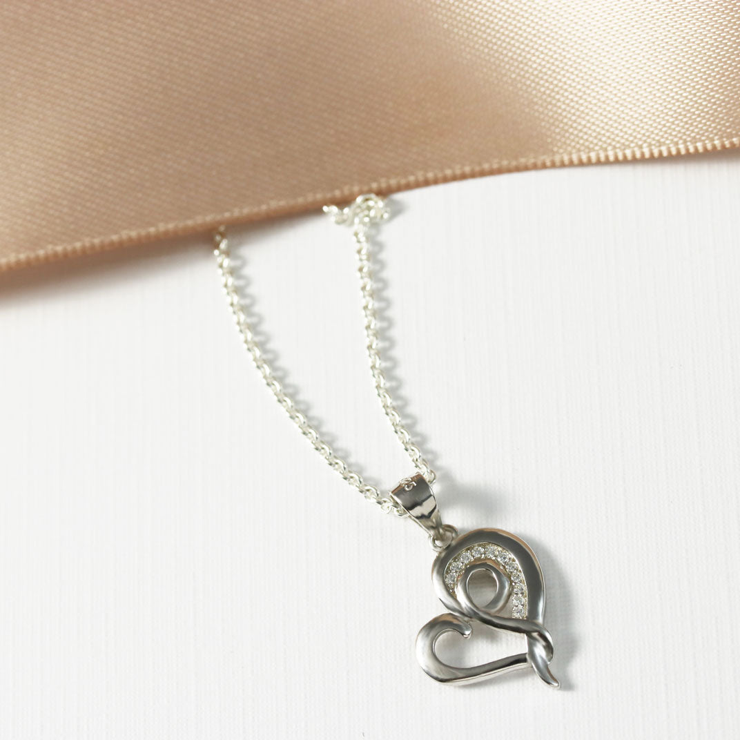 Silver Fancy Swirl Open Heart Pendant With CZ's