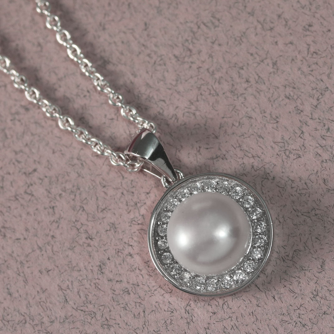 Silver Pearl Pendant With a Cubic Zirconia Halo