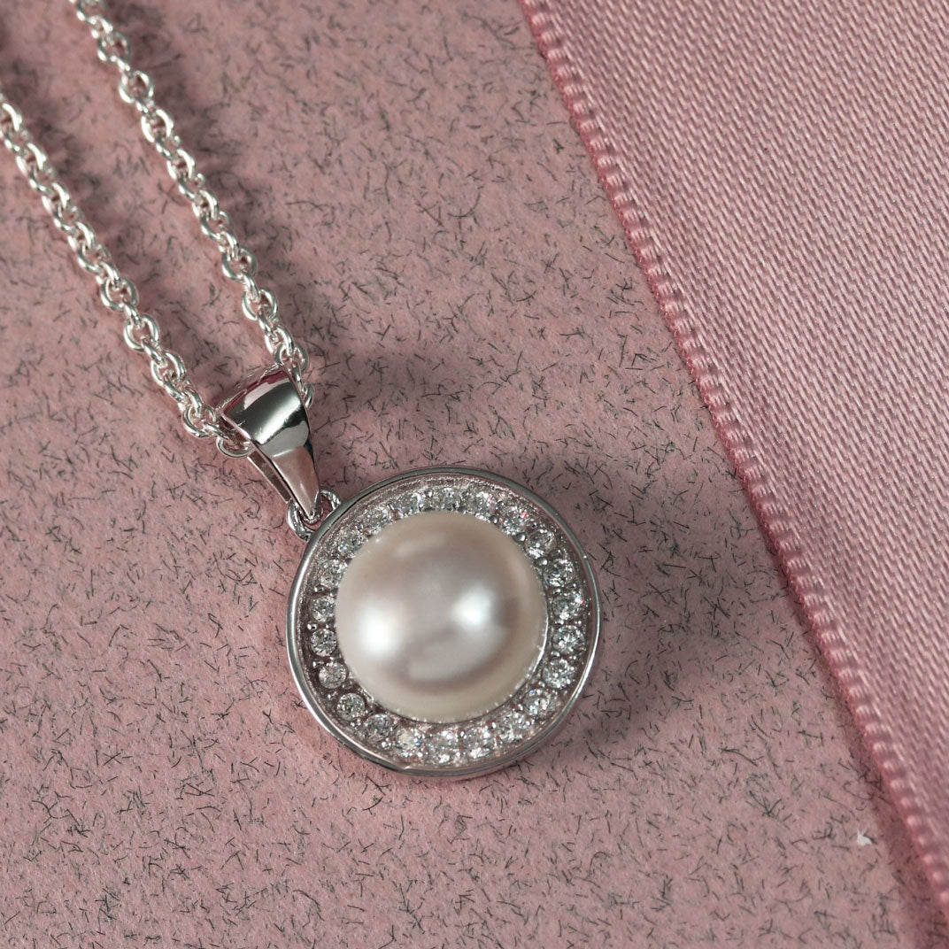 Silver Pearl Pendant With a Cubic Zirconia Halo