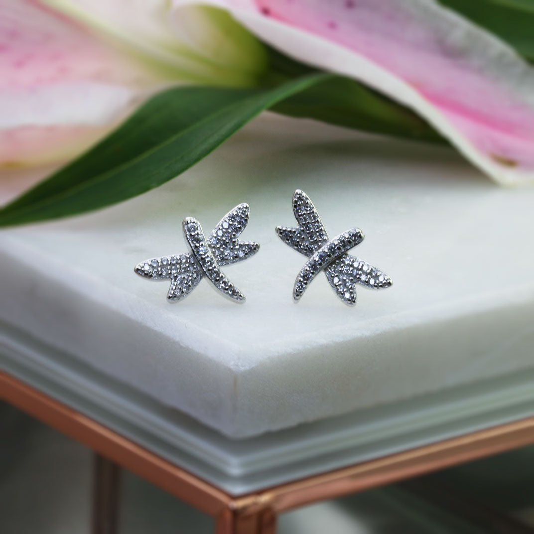 Silver Dragonfly Stud Earrings Pave Set with CZ's