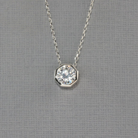 Silver Hexagon Shaped Rubover Set Cubic Zirconia Necklace