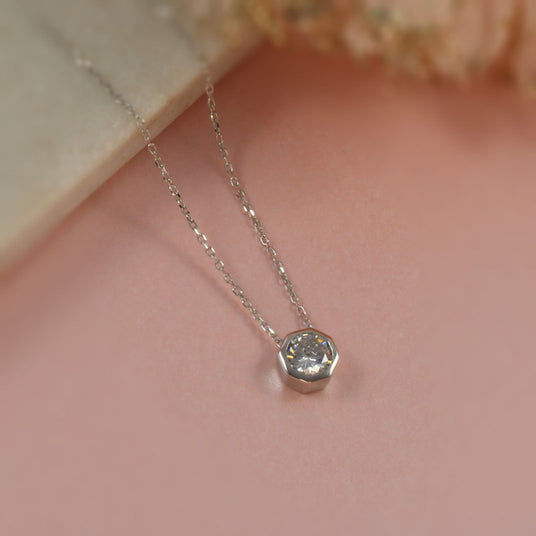 Silver Hexagon Shaped Rubover Set Cubic Zirconia Necklace