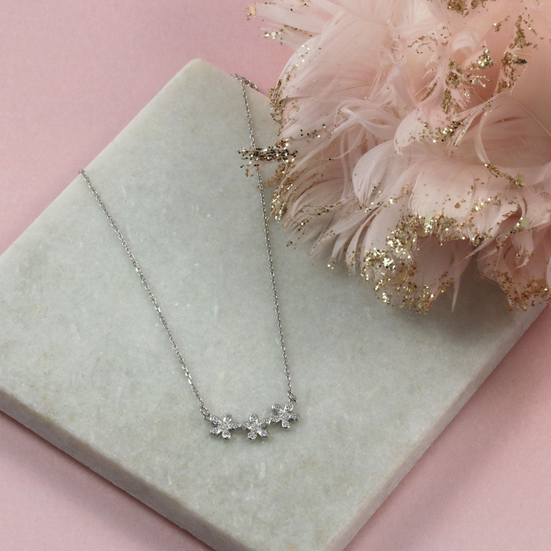 Silver Triple Flower Necklace with Pave Set Cubic Zirconia's