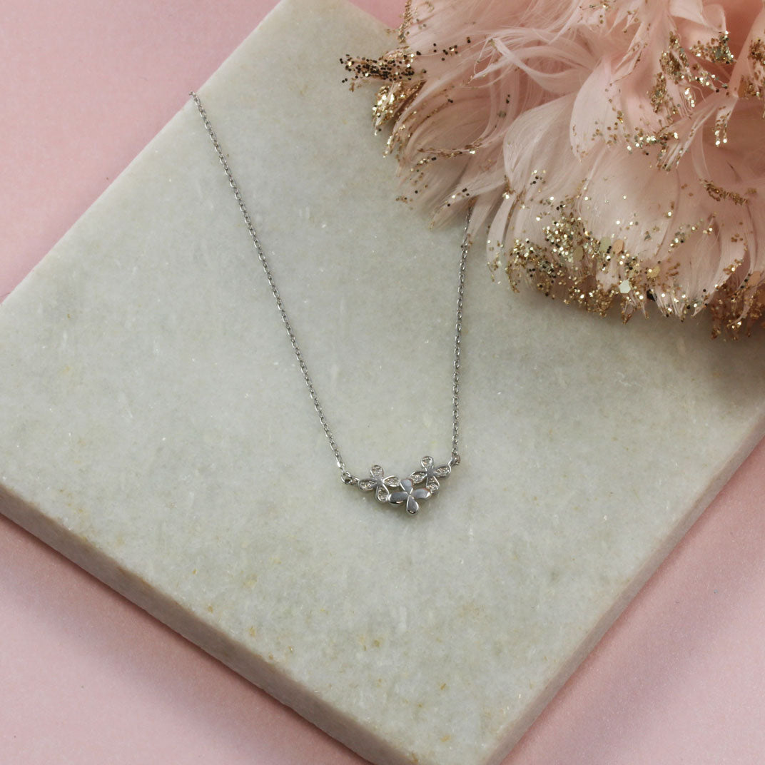 Silver Treble Flower Necklace With Cubic Zirconia's