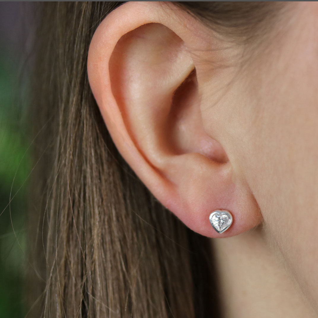 Silver CZ Heart Stud Earrings