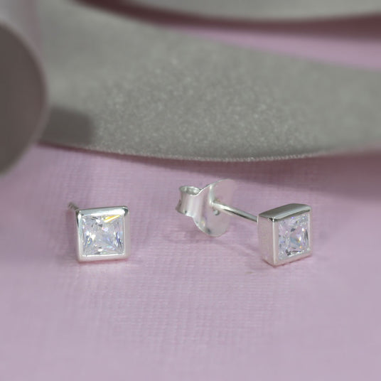 Silver Square Cubic Zirconia Stud Earrings