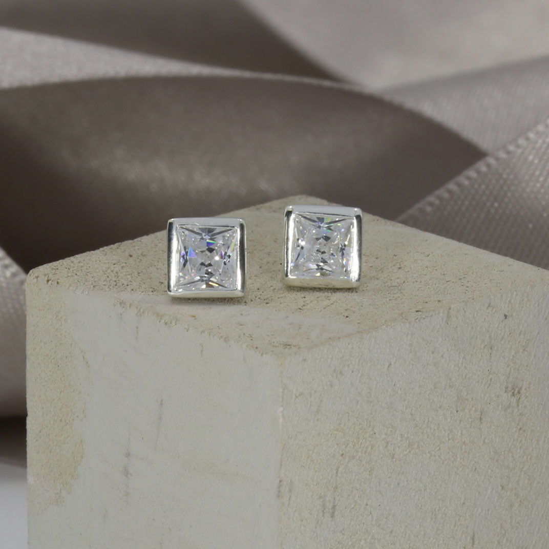 Silver Square Cubic Zirconia Stud Earrings