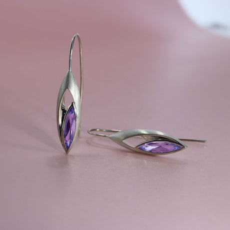 Silver Open Large Amethyst Marquise Shaped Drop Earrings