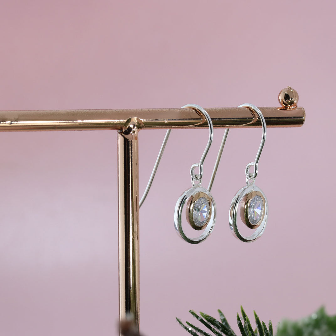 Silver & Rose Gold Open Oval Drop Earrings With a Cubic Zirconia