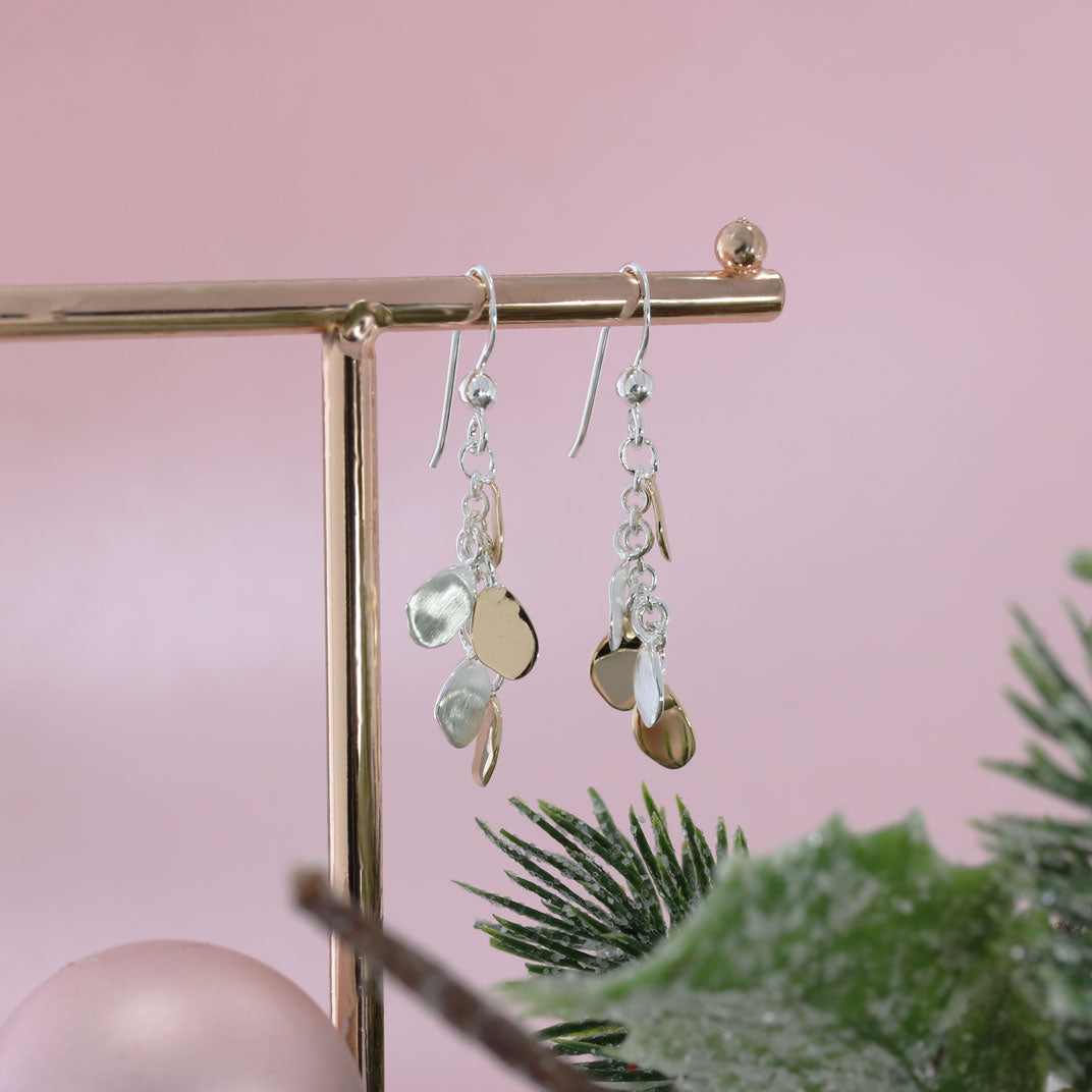 Silver and Rose Gold Drop Pebble Cascade Earrings