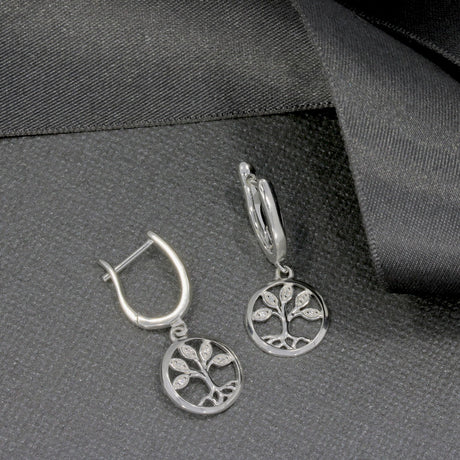 Silver Circle Tree of Life Drop Earrings Set with Cubic Zirconia's