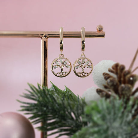 Silver & Rose Gold Circle Tree of Life Drop Earrings Set with Diamonds