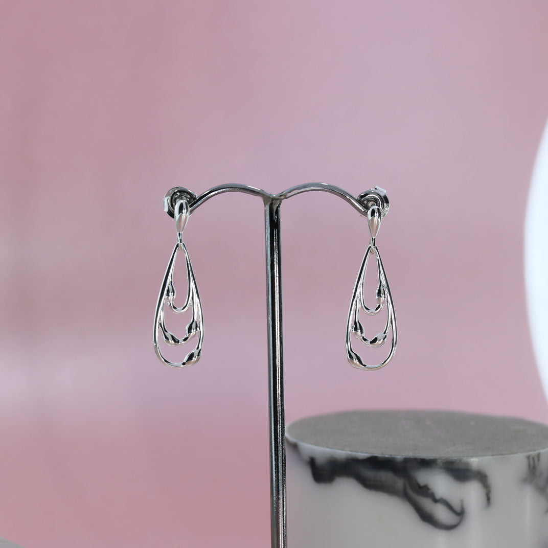 Silver Three Tiered Tear Drop Shaped Drop Earrings