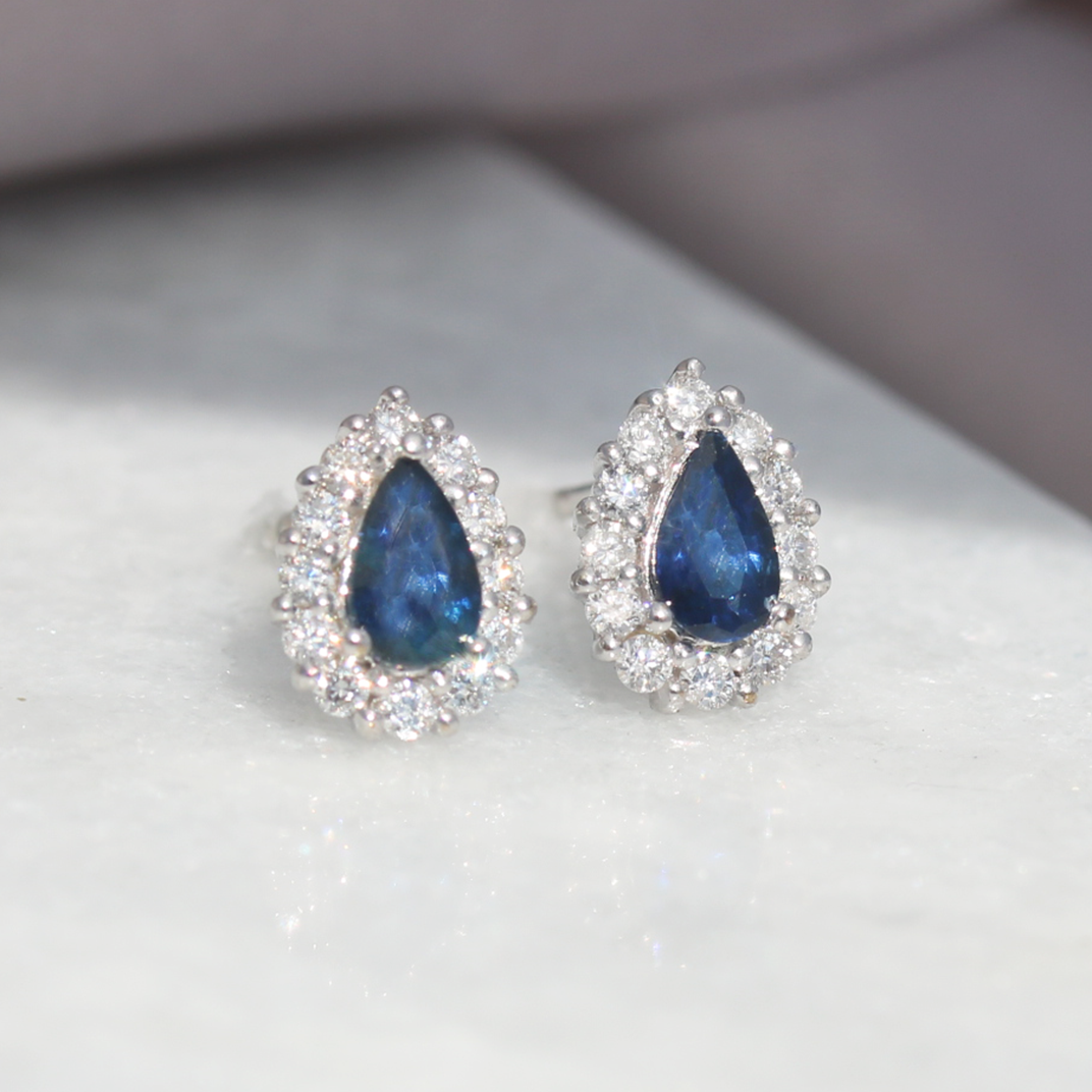 9ct White Gold Pear Shape Sapphire and Diamond Cluster Earrings