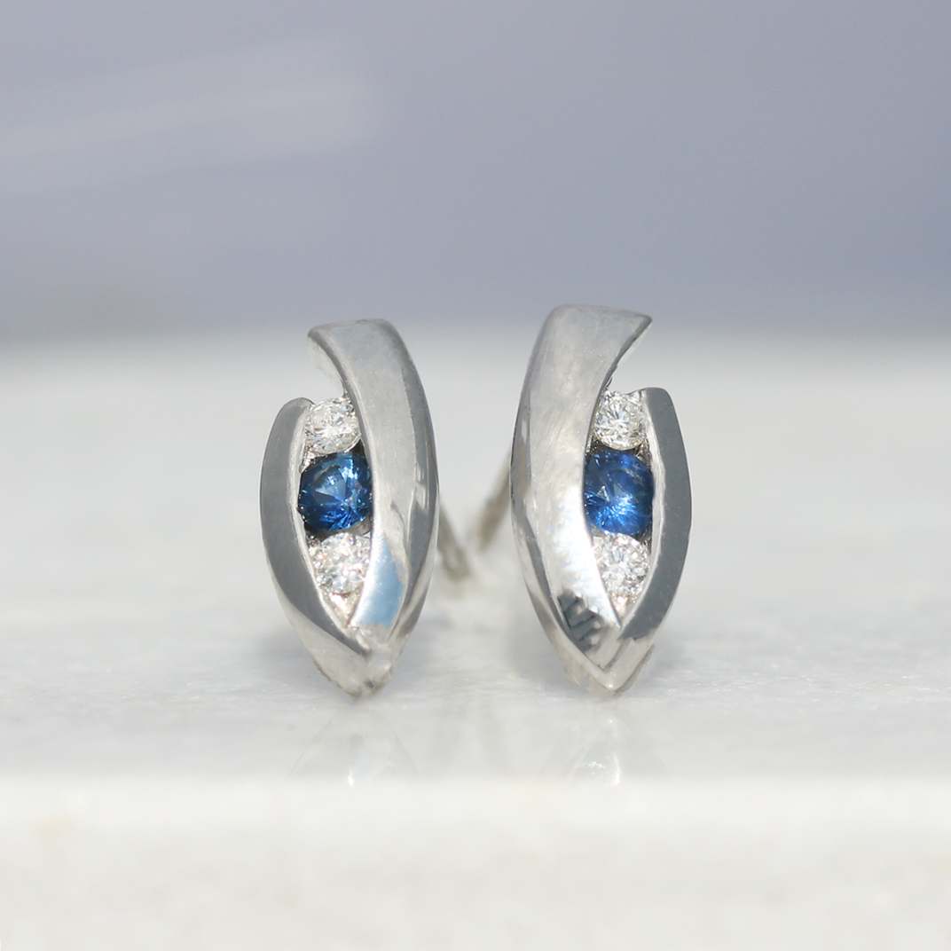 9ct Gold Sapphire & Diamond Marquise Shaped Earrings