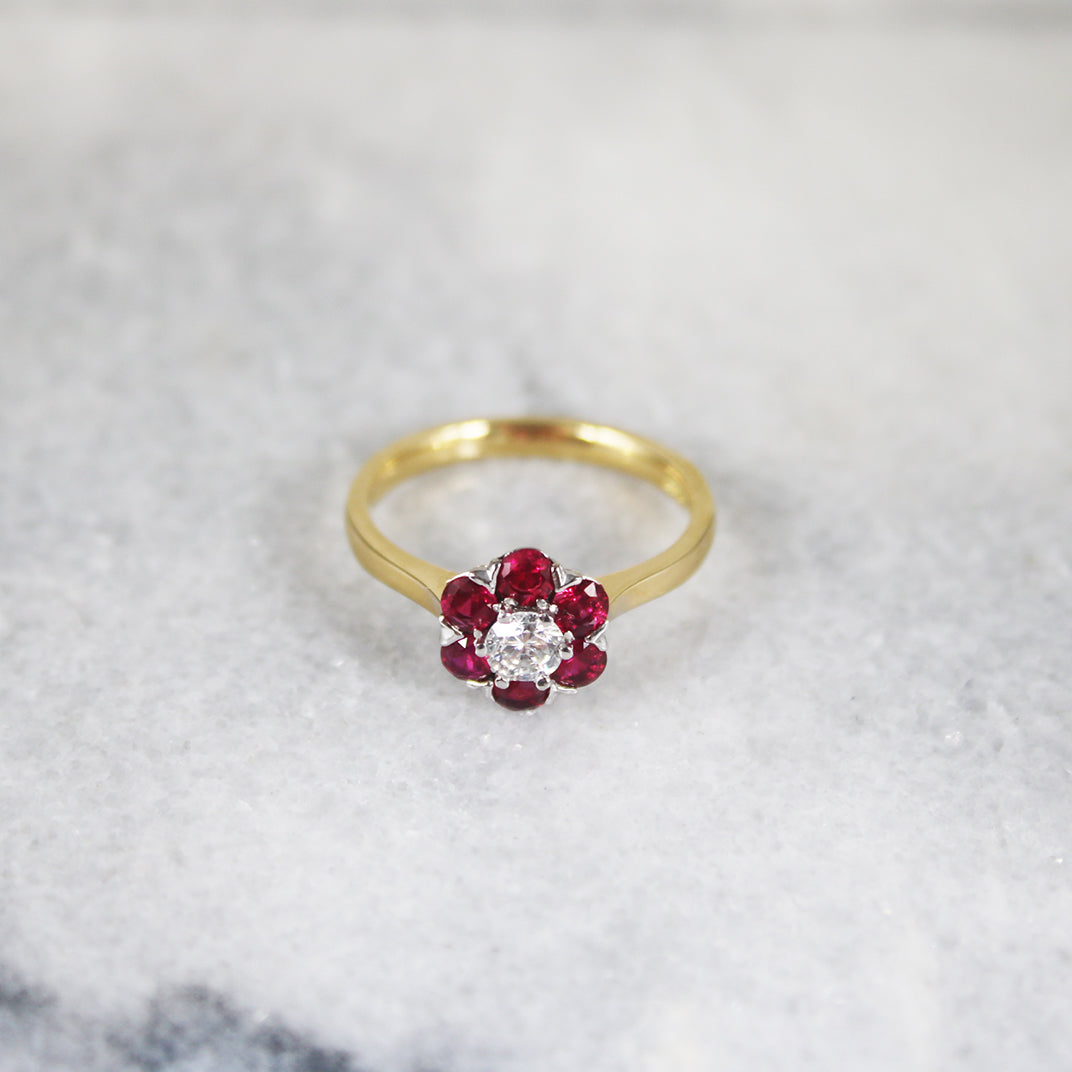 18ct Yellow Gold Ruby & Diamond Cluster