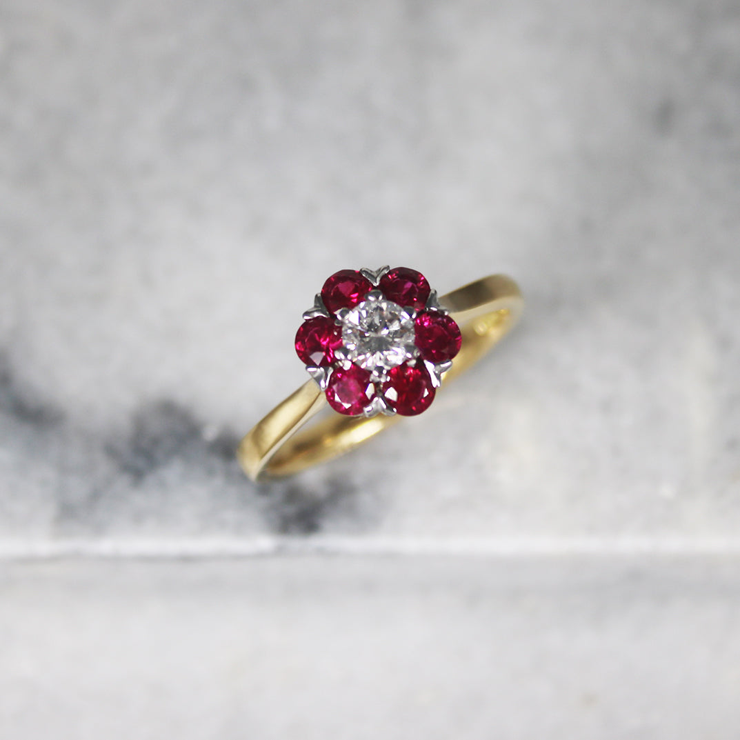 18ct Yellow Gold Ruby & Diamond Cluster