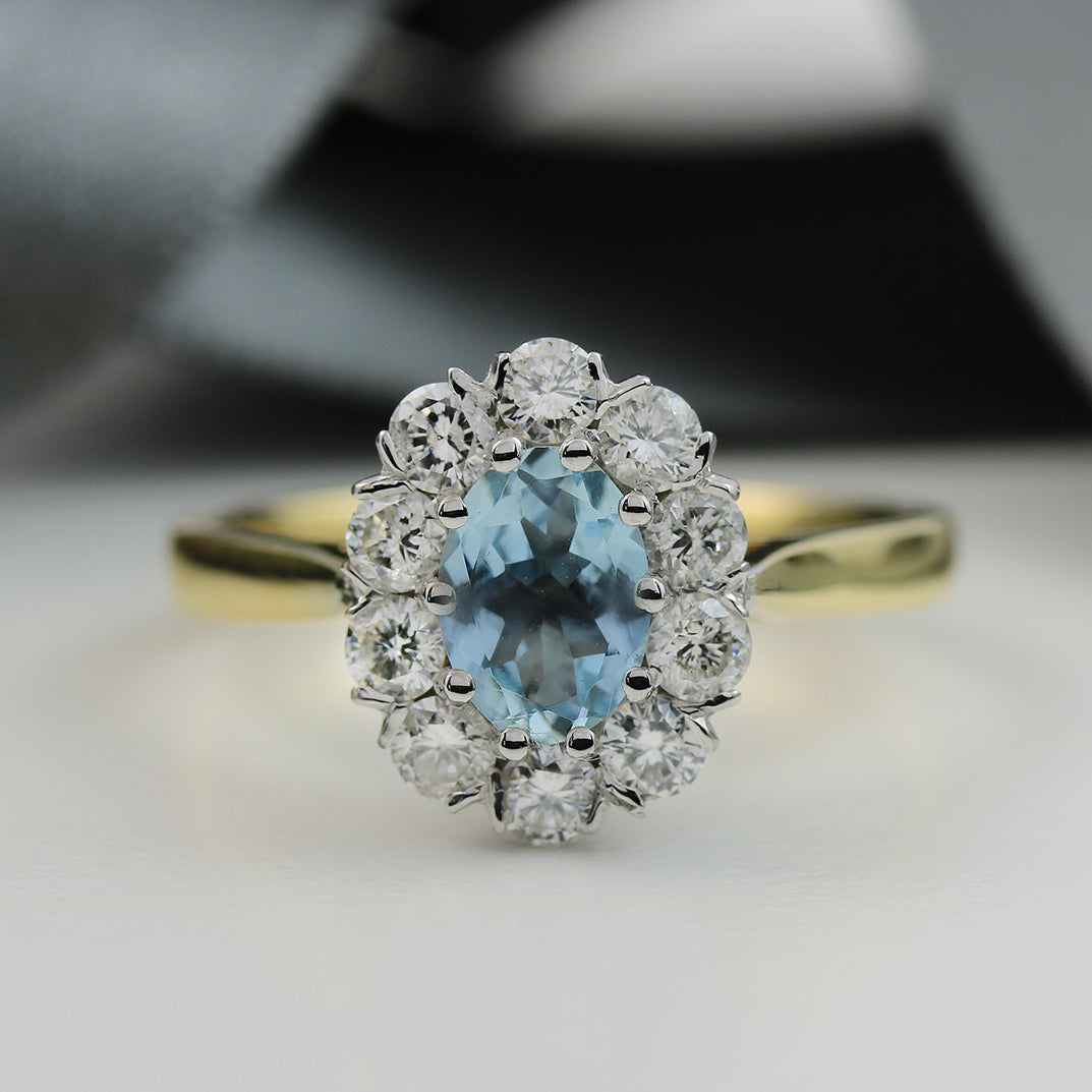 18ct Yellow Gold Oval Aquamarine & Diamond Cluster Ring