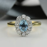 18ct Yellow Gold Oval Aquamarine & Diamond Cluster Ring