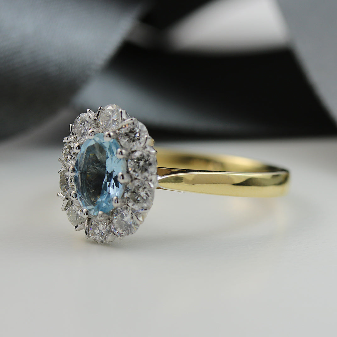 18ct Yellow Gold Oval Aquamarine & Diamond Cluster Ring