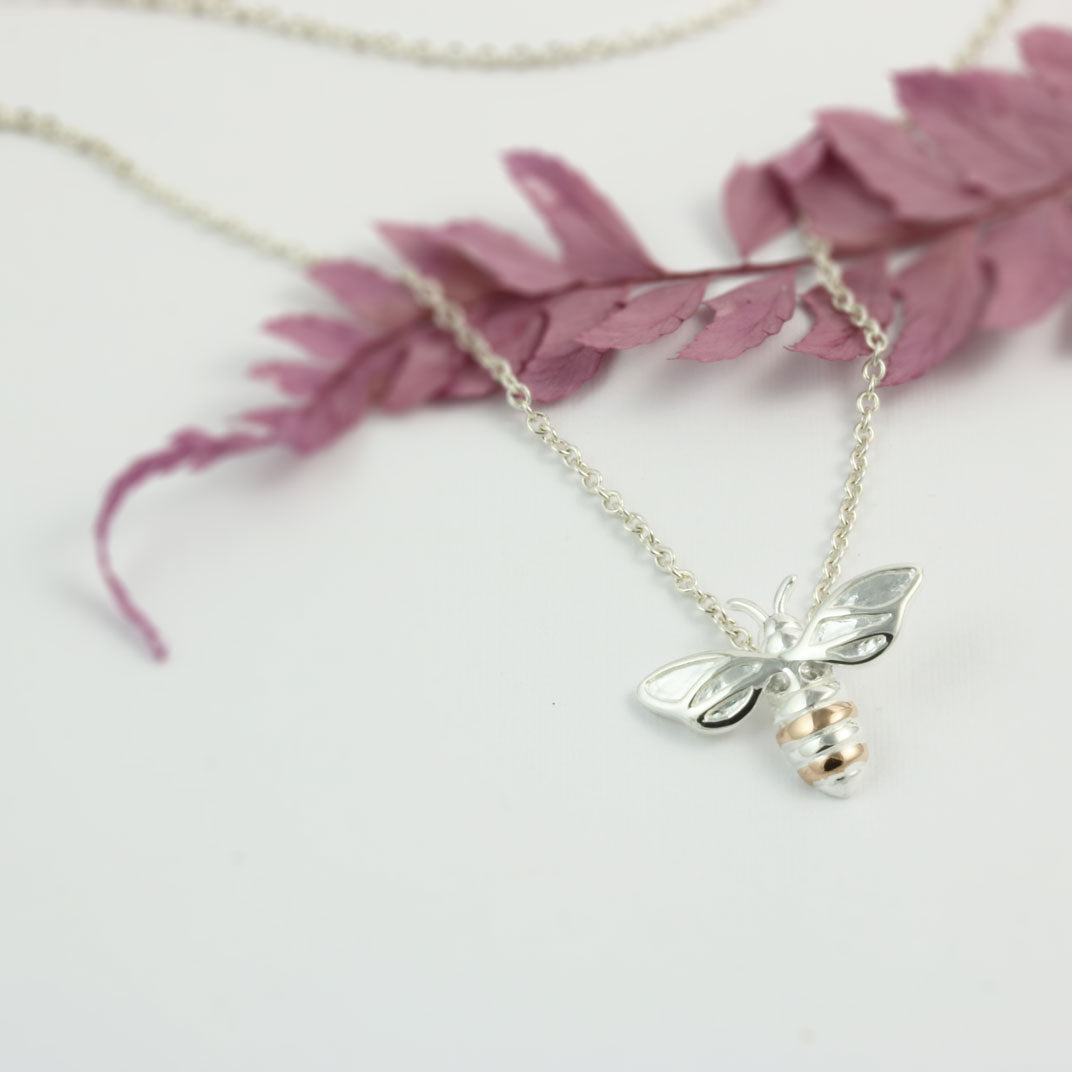 Silver Bee Pendant with Rose Gold Accent