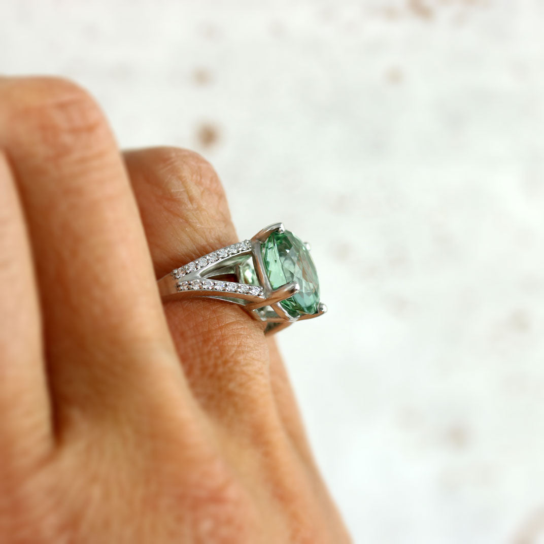 Platinum Green Tourmaline and Diamond ring