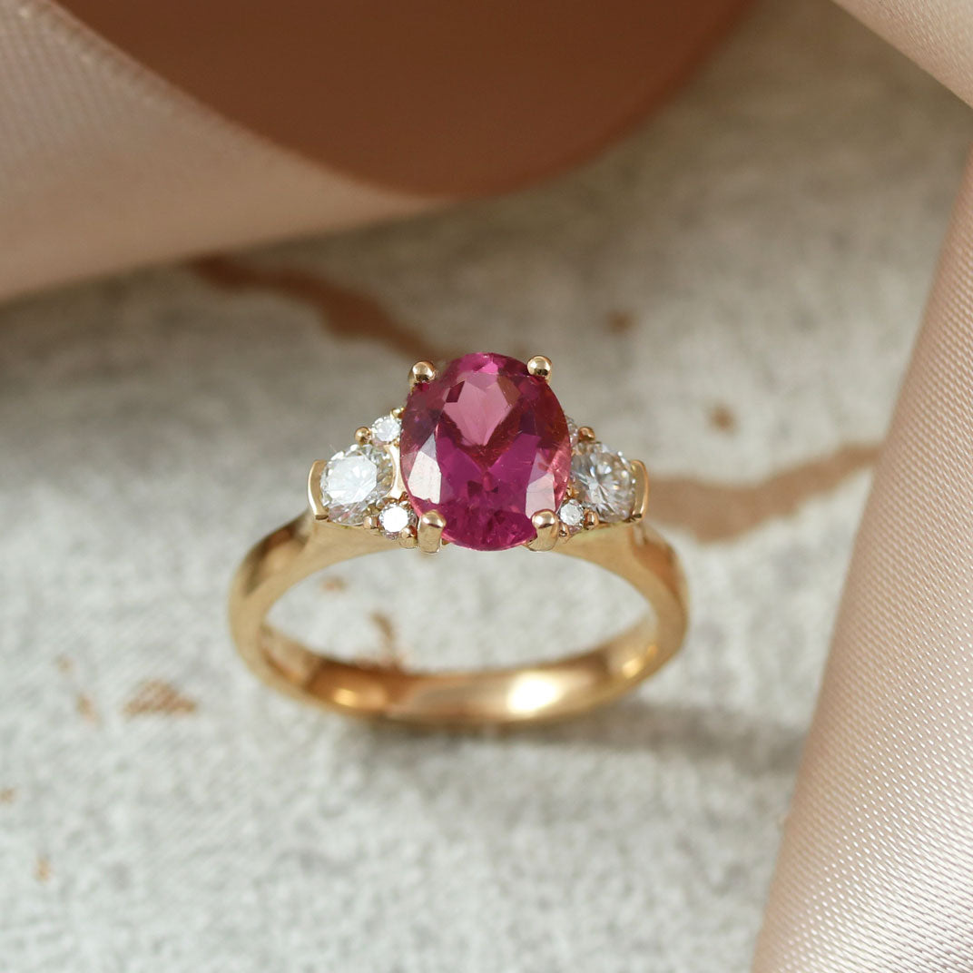 18ct Rose Gold Oval Pink Tourmaline & Diamonds 3 Stone