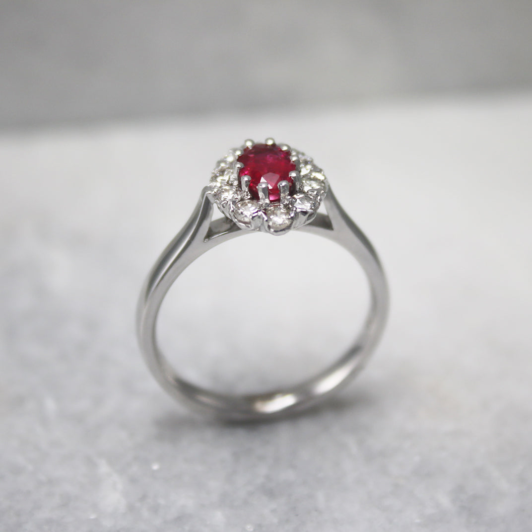 18ct White Gold Oval Ruby and Diamond Cluster