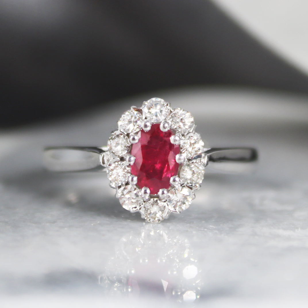 18ct White Gold Oval Ruby and Diamond Cluster