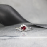 18ct White Gold Round Ruby & Diamond Halo Cluster