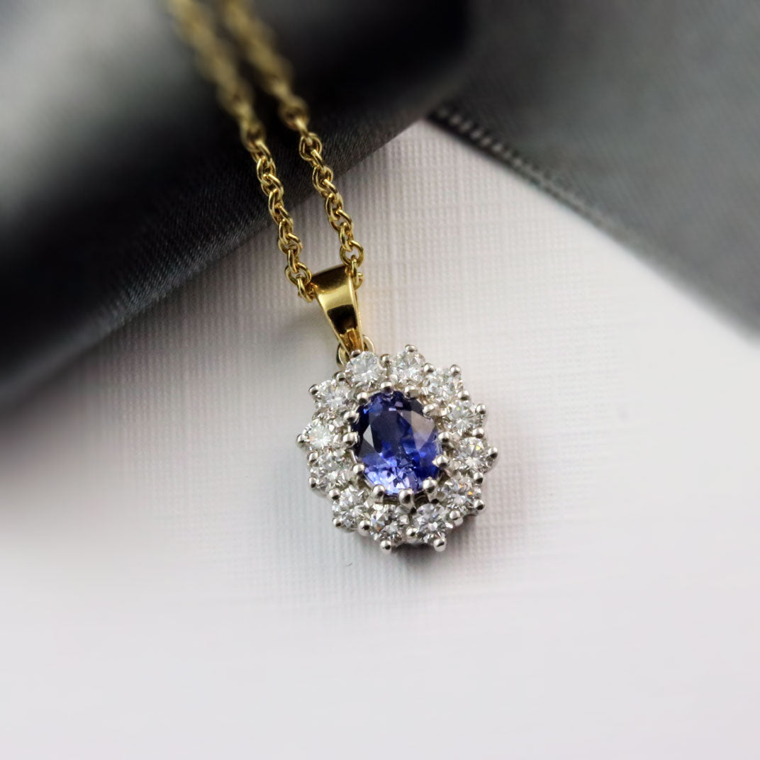 18ct Yellow & White Gold Oval Sapphire and Diamond Cluster Pendant