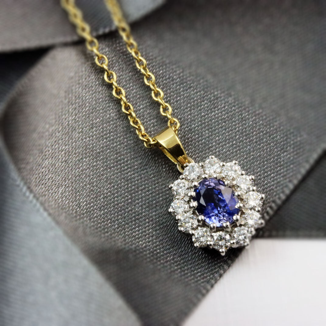 18ct Yellow & White Gold Oval Sapphire and Diamond Cluster Pendant