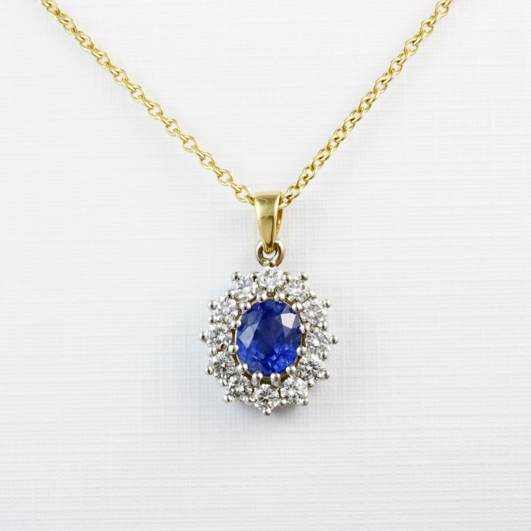 18ct Yellow & White Gold Oval Sapphire and Diamond Cluster Pendant