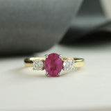 18ct Gold Oval Pink Tourmaline Diamond 3 Stone Ring