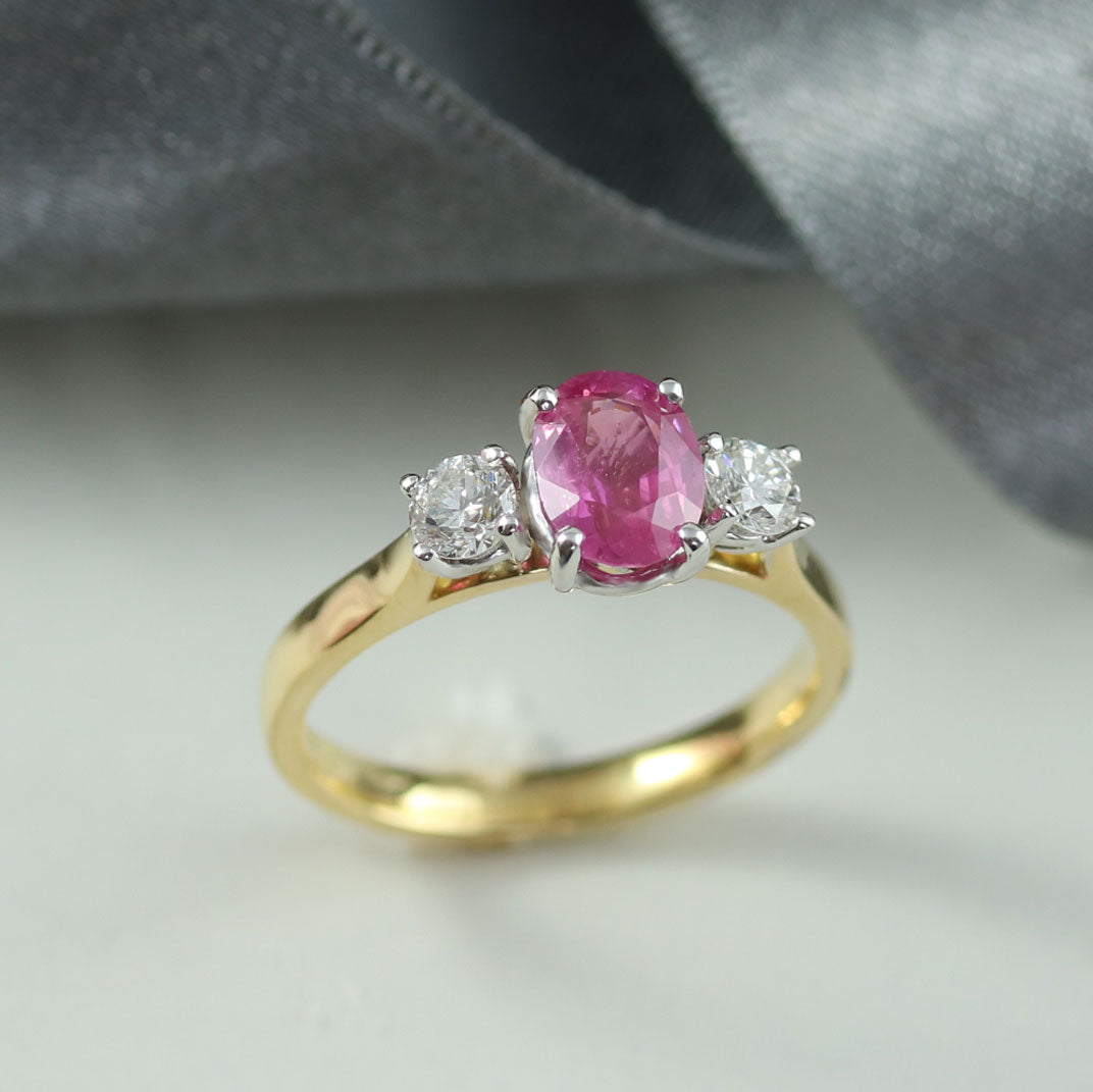 18ct Gold Oval Pink Tourmaline Diamond 3 Stone Ring