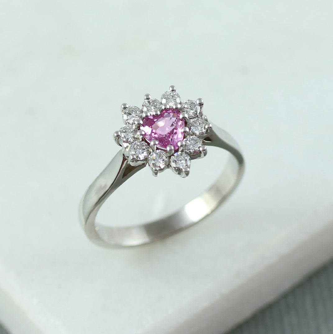 18ct Gold Heart Shape Pink Sapphire & Diamond Ring