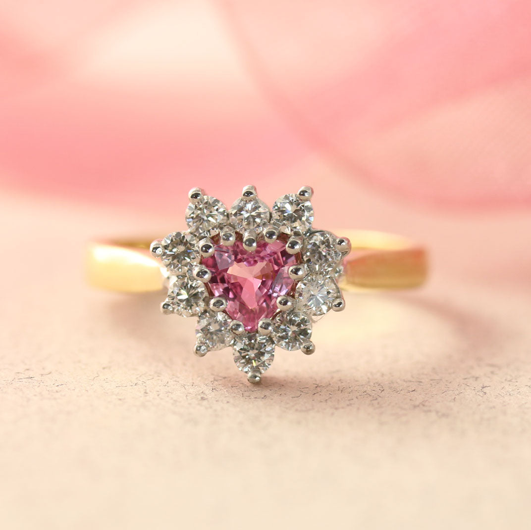 18ct Gold Heart Shape Pink Sapphire & Diamond Ring