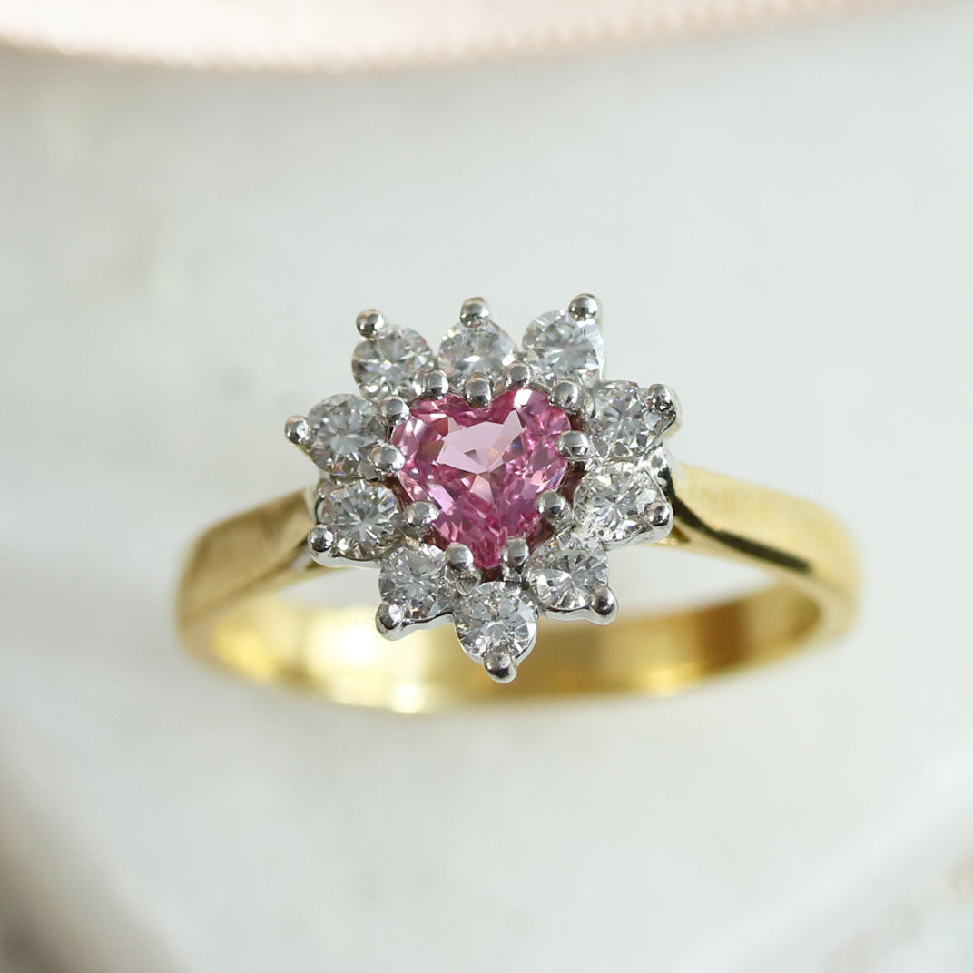 18ct Gold Heart Shape Pink Sapphire & Diamond Ring