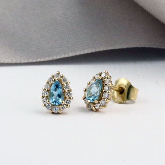 9ct Yellow Gold Aquamarine & Diamond Earrings