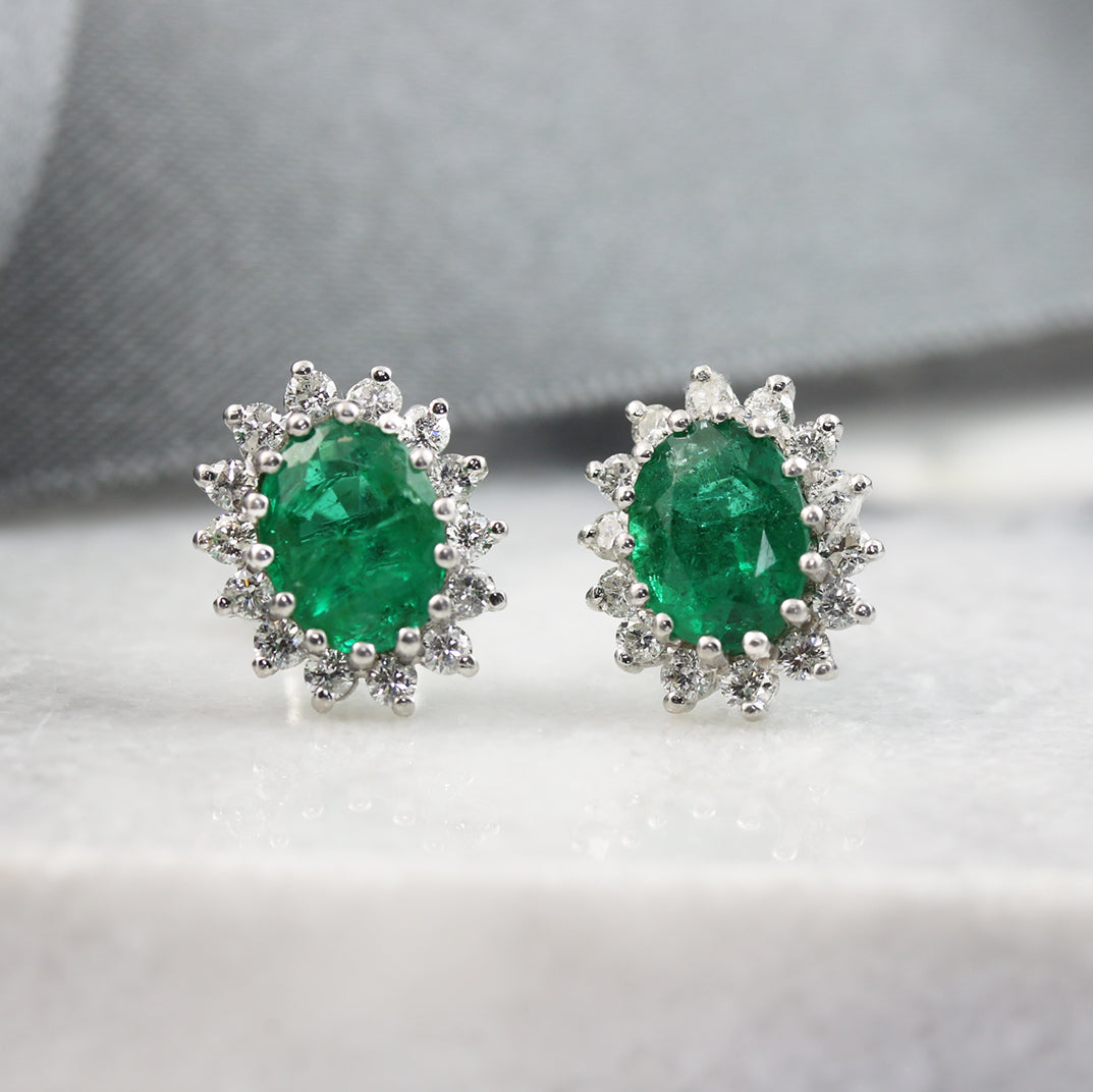 18ct Gold Emerald & Diamond Cluster Earrings