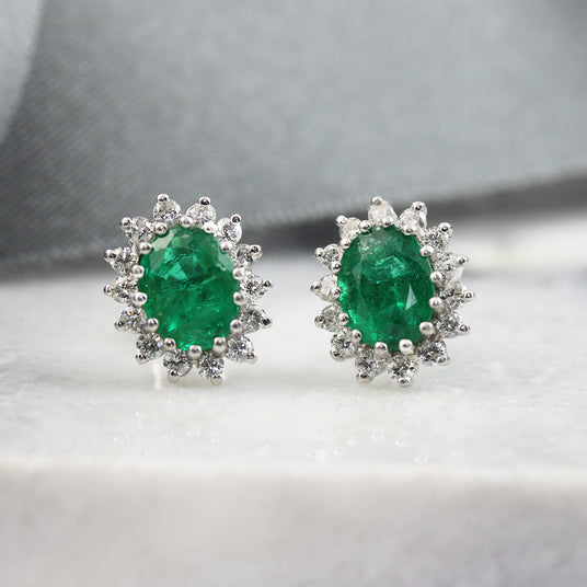 18ct Gold Emerald & Diamond Cluster Earrings