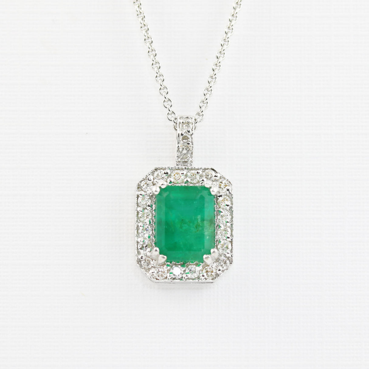 18ct White Gold Emerald & Diamond Pendant