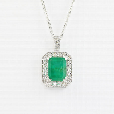 18ct White Gold Emerald & Diamond Pendant