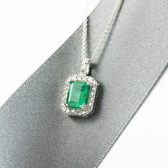 18ct White Gold Emerald & Diamond Pendant