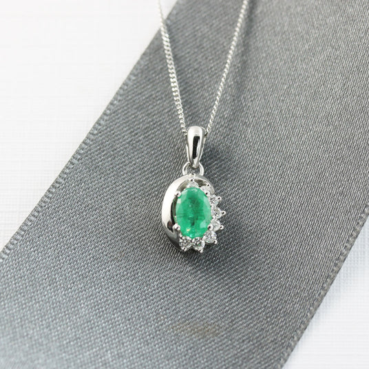 9ct White Gold Emerald & Diamond Pendant