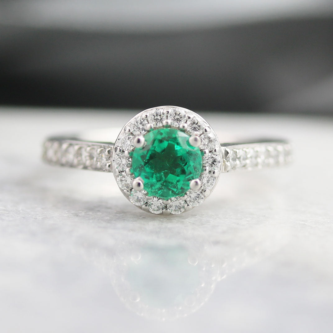 18ct White Gold Emerald & Diamond Halo Ring