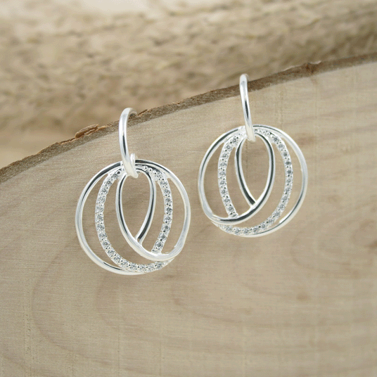 Silver Fancy Open Circle Drop Cubic Zirconia Earrings