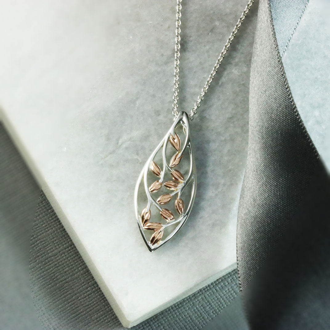 Silver Rose Gold Plated Open Leaf Pendant